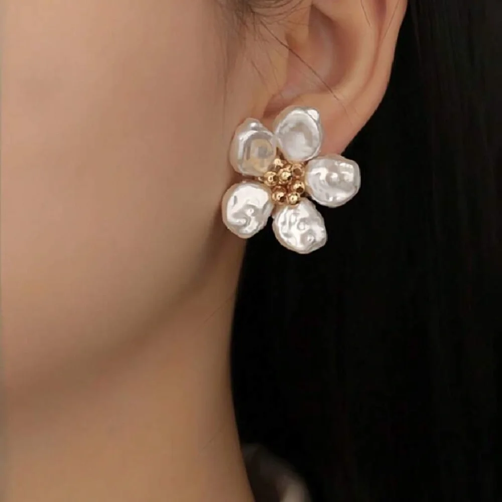 Gold and White pearl Flower Earrings with Crystal Accents - Picture 4 of 7